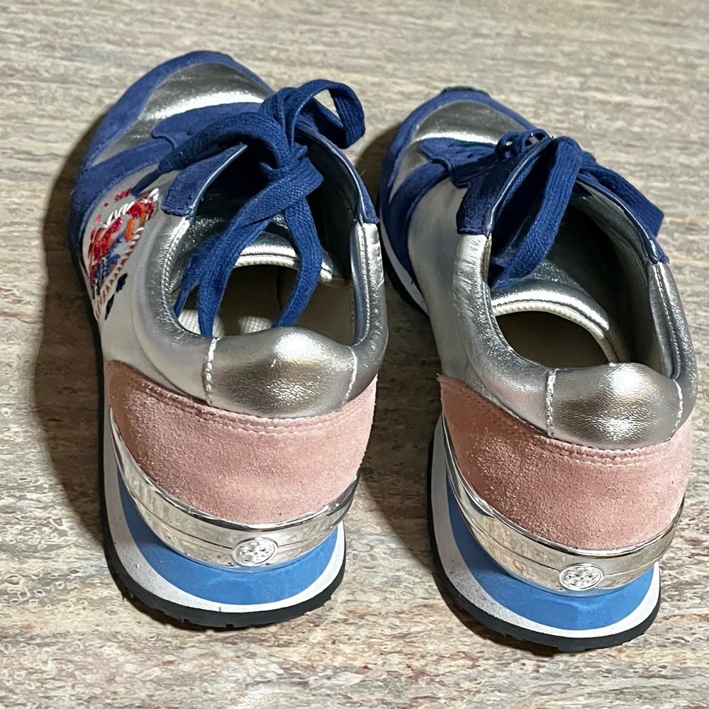 Tory Burch Silver/ Navy/ Sea Victorian Brielle Leather & Suede Sneakers - Picture 3 of 15